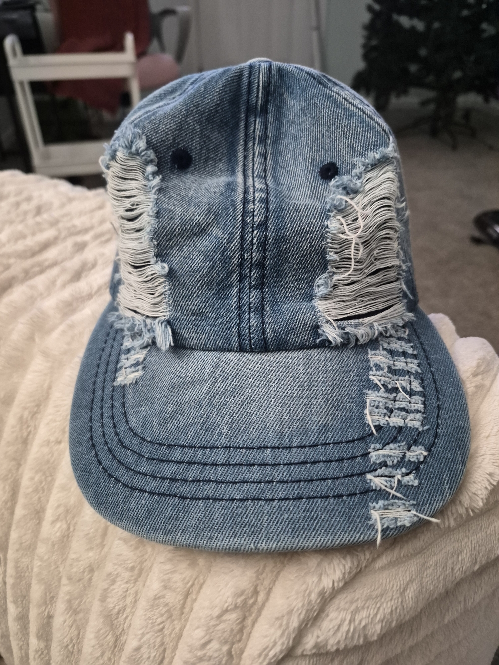 Distressed Denim Baseball CapHeavy Distressed Ripped Denim Baseball Cap